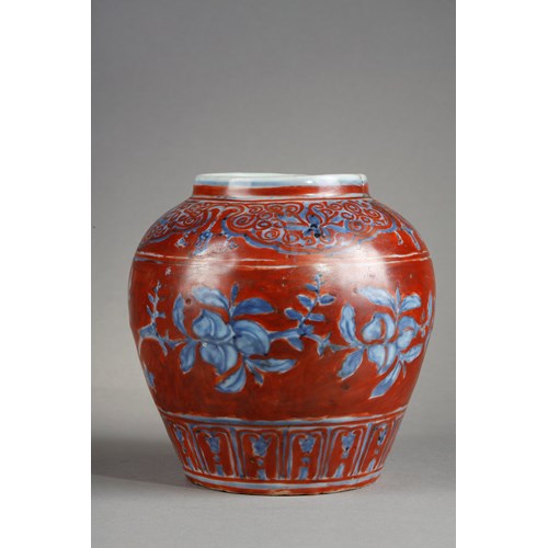 Small porcelain jar emamelled in underglaze blue and iron peach fruit longevity and their foliage